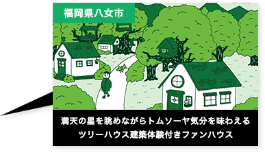 満天の星を眺めながらトムソーヤ気分を味わえるツリーハウス建築体験付きファンハウス